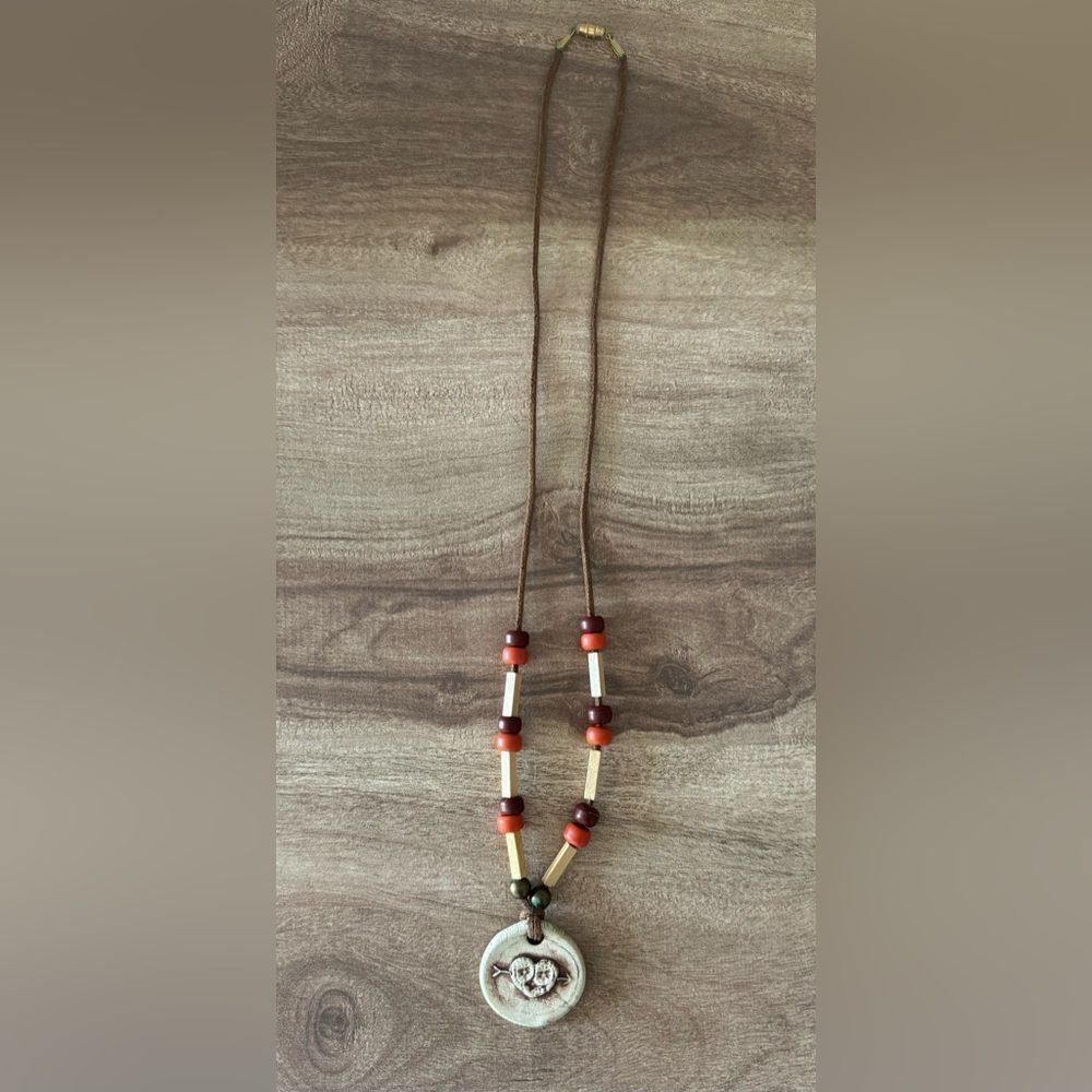 Vintage Handmade Clay Heart Pendant Rope Necklace With Brown / Orange Wood Beads